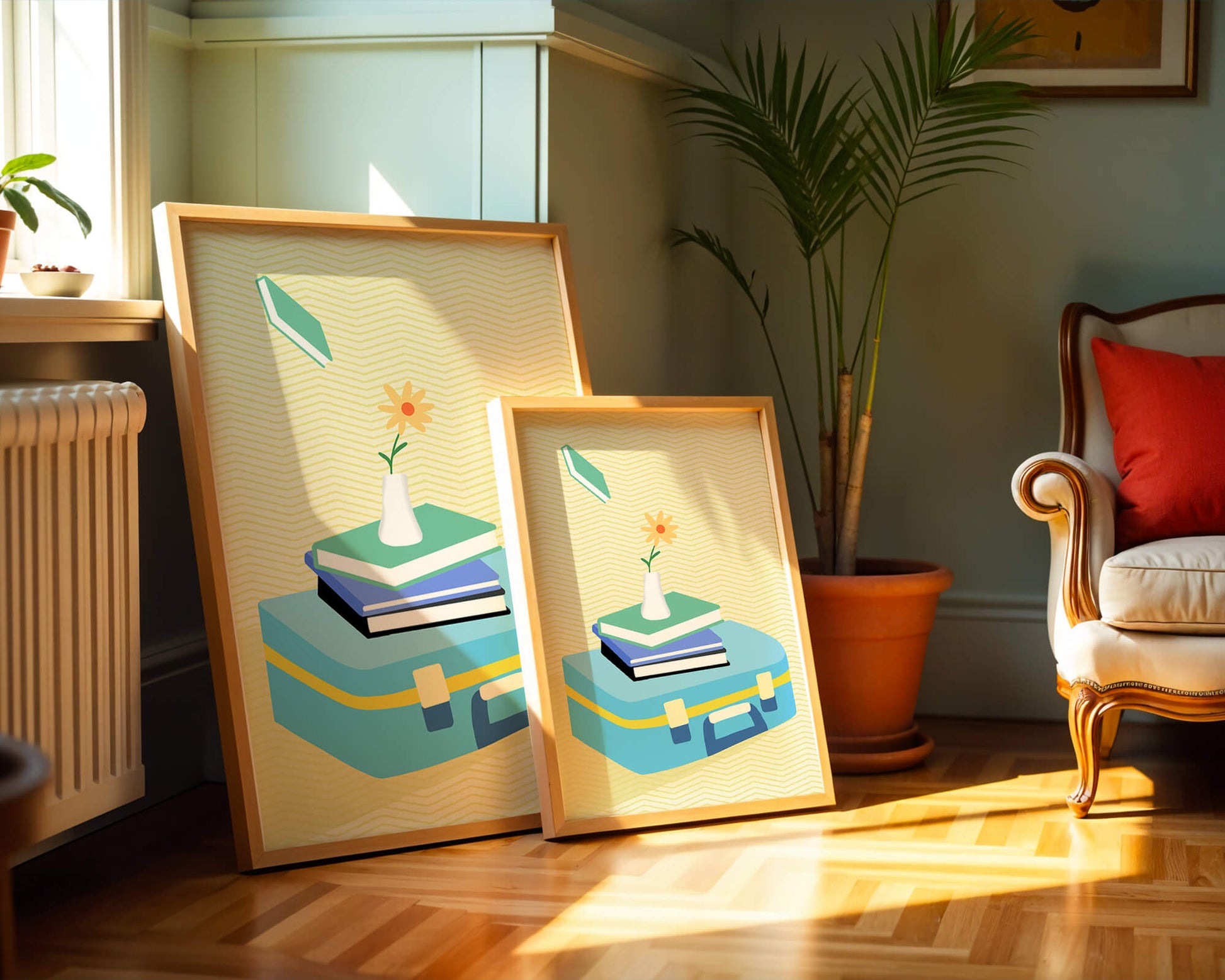 Colorful still life with books, flower vase, and suitcase
