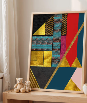 Geometric abstract design with vibrant colors and gold accents