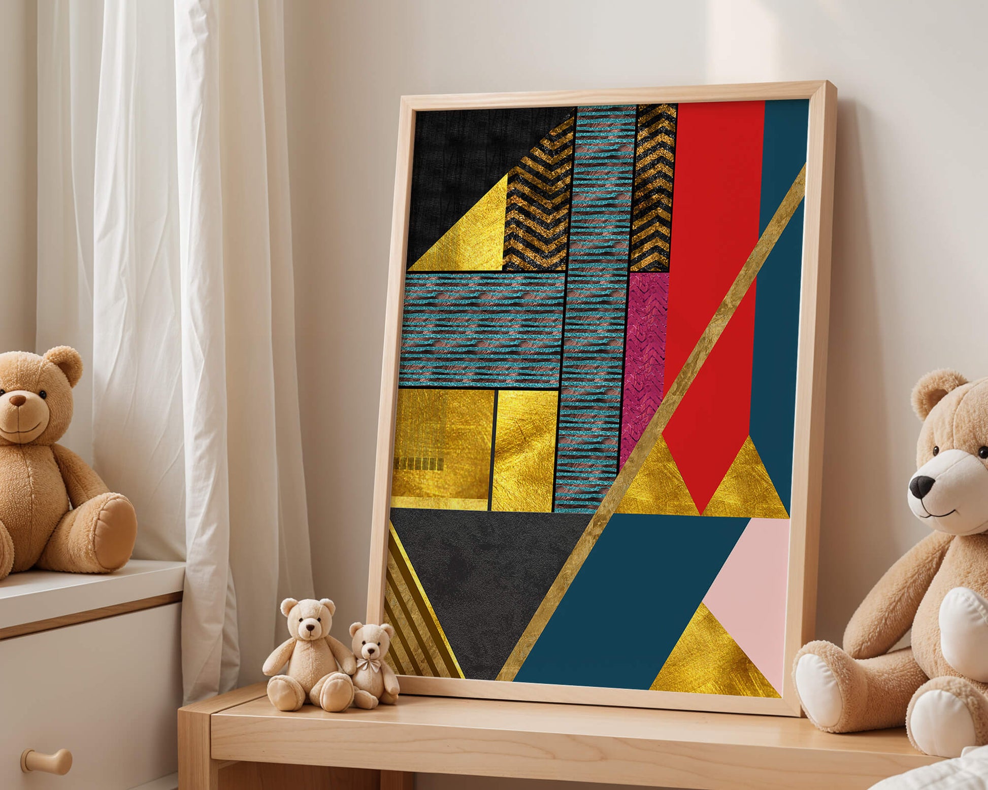 Geometric abstract design with vibrant colors and gold accents