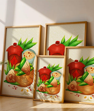 Illustrated traditional Chinese food with zongzi and rice wine