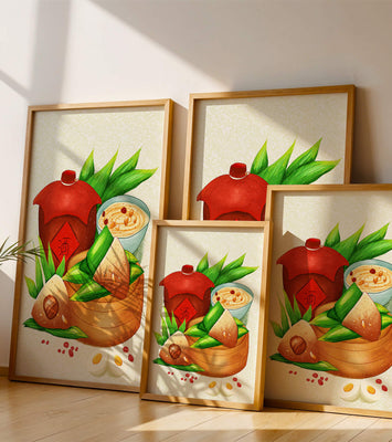 Illustrated traditional Chinese food with zongzi and rice wine
