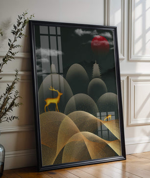 Golden Deer on Abstract Landscape with Red Sun and Pagoda