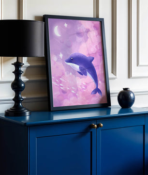 Dreamlike underwater scene with dolphin and moonlit sky