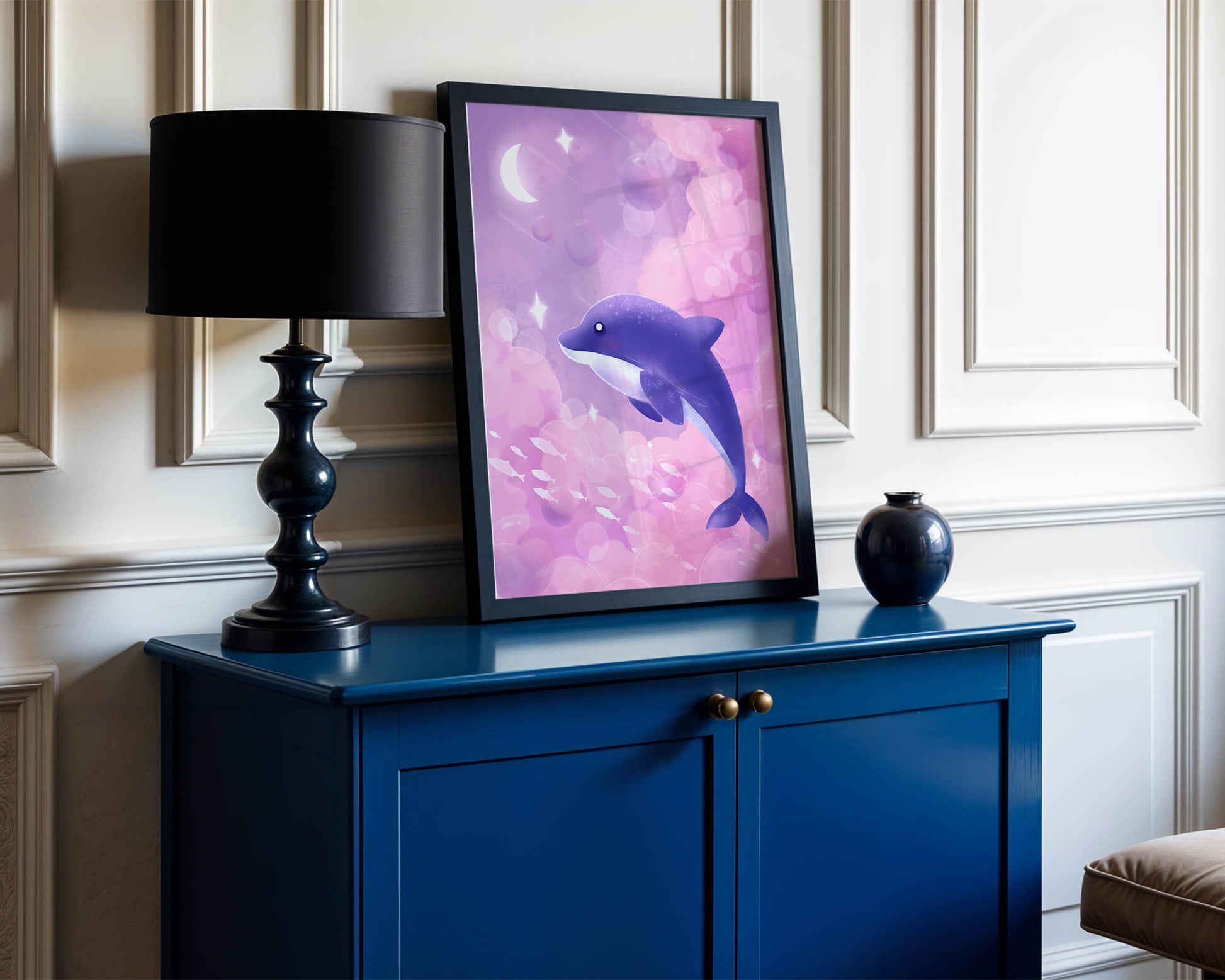 Dreamlike underwater scene with dolphin and moonlit sky