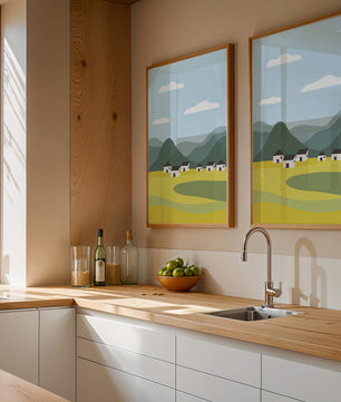Pastoral Landscape with Mountains and Houses Under Blue Sky