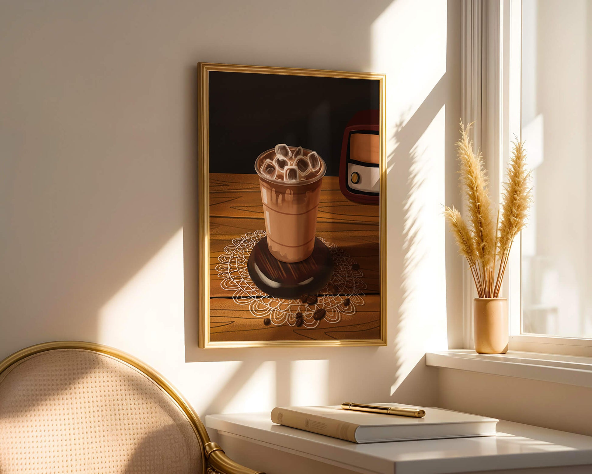 Escena de café vintage con café helado y radio retro