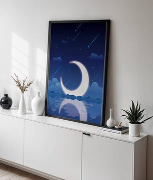 Serene night sky with crescent moon reflecting on water