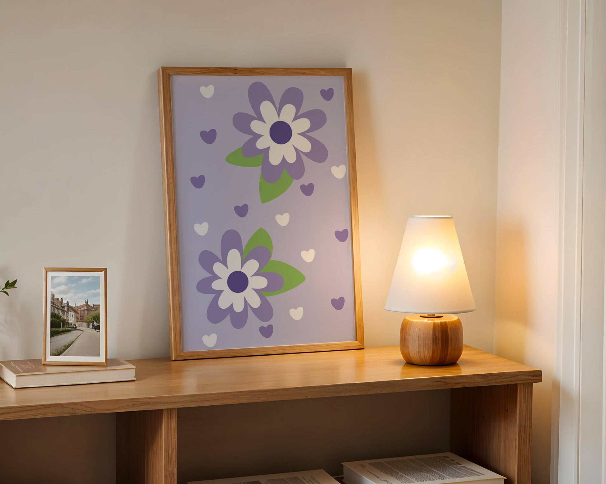 Elegant purple floral pattern with green leaves and heart accents