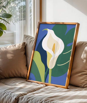 Ilustración floral abstracta con fondo verde y azul