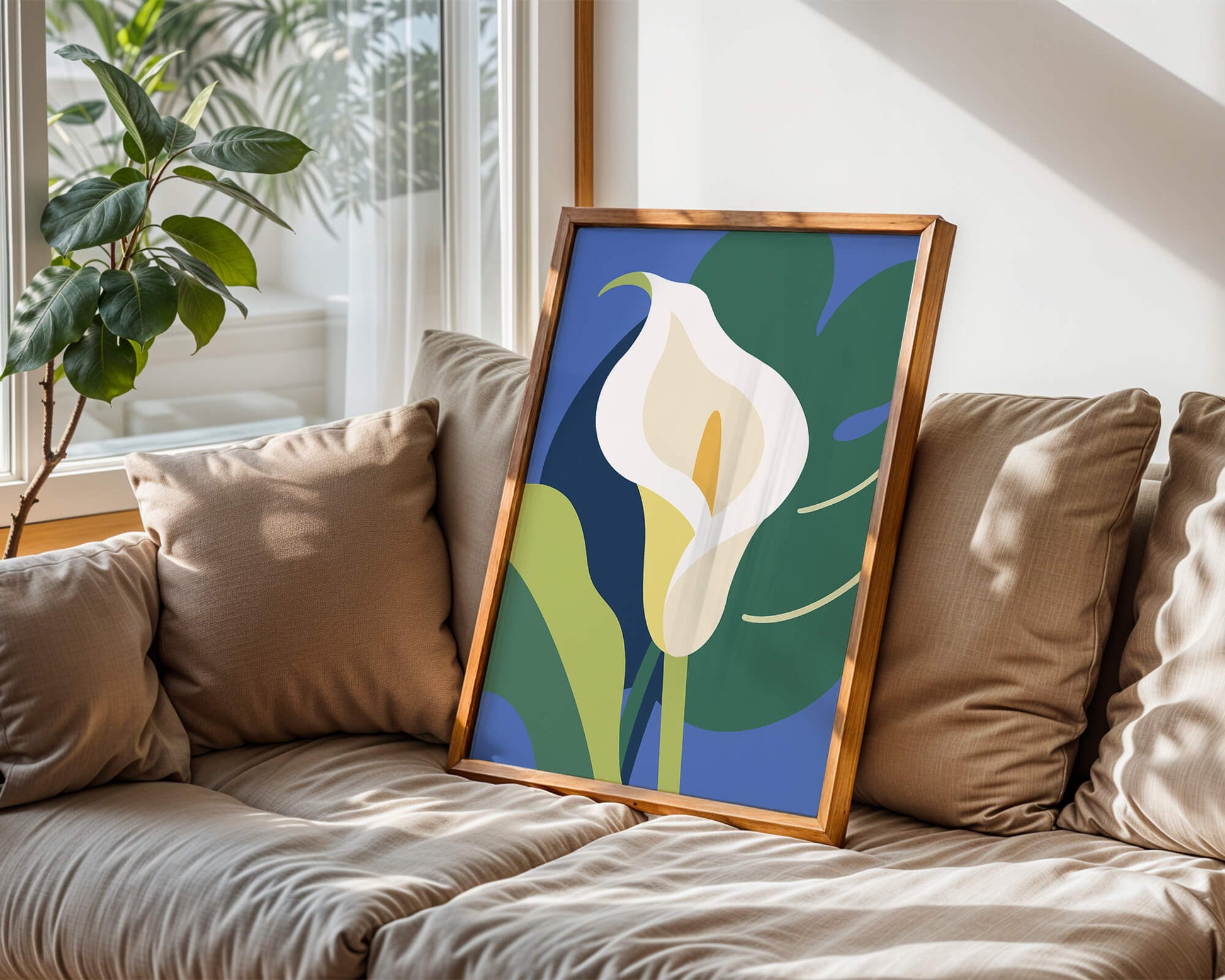 Ilustración floral abstracta con fondo verde y azul