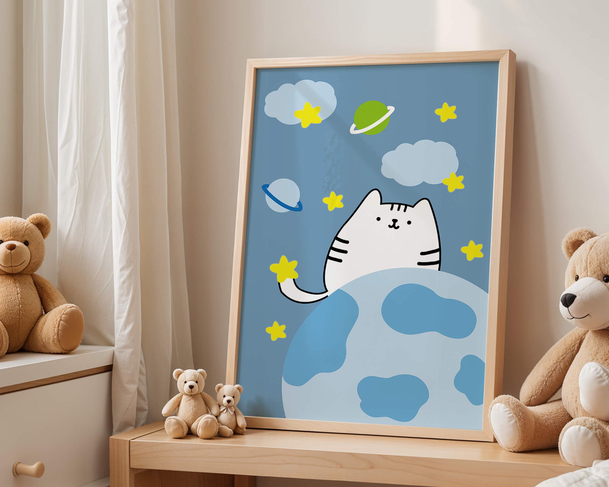 Ilustración encantadora de un gatito en una escena espacial caprichosa con nubes y estrellas