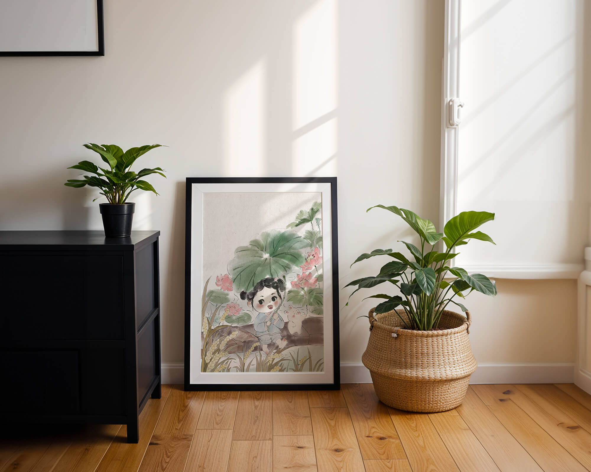 Charming illustration of a child with flowers and a bunny by the water