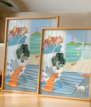 Habitación acogedora con vista al mar y faro a través de la ventana