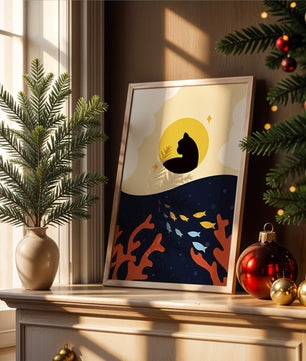 Ruhiges abstraktes Design mit Katzensilhouette und lebendiger Unterwasserszene