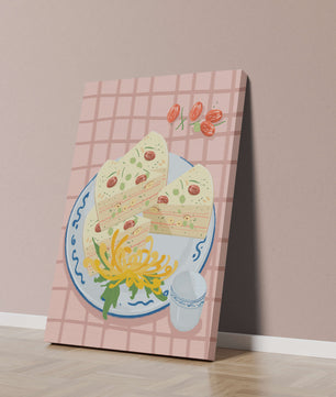Illustration of layered cake on patterned plate with flowers and a cup