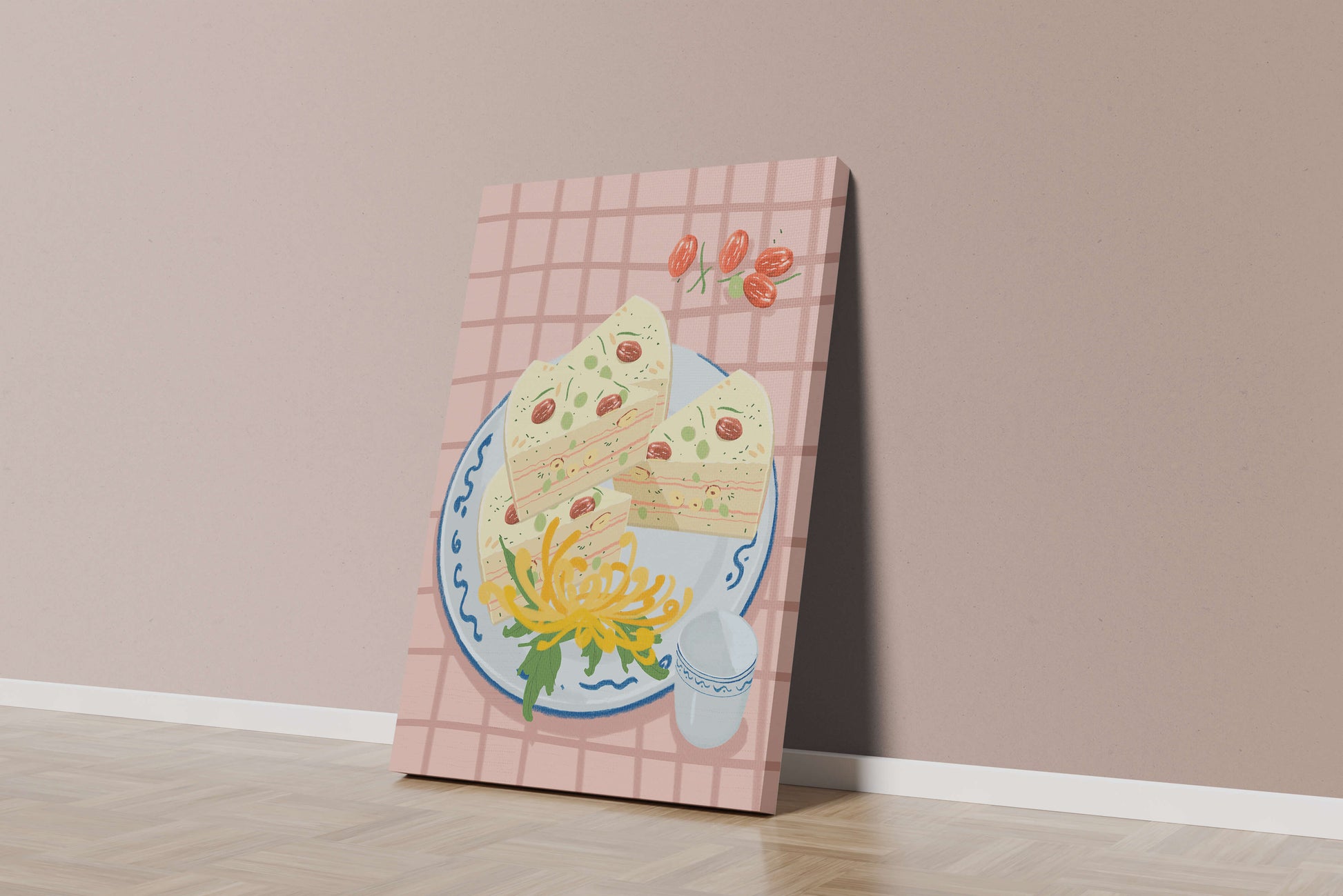 Illustration of layered cake on patterned plate with flowers and a cup