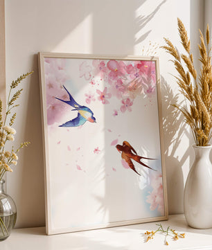Pájaros coloridos y flores rosadas en una escena primaveral acuarelada