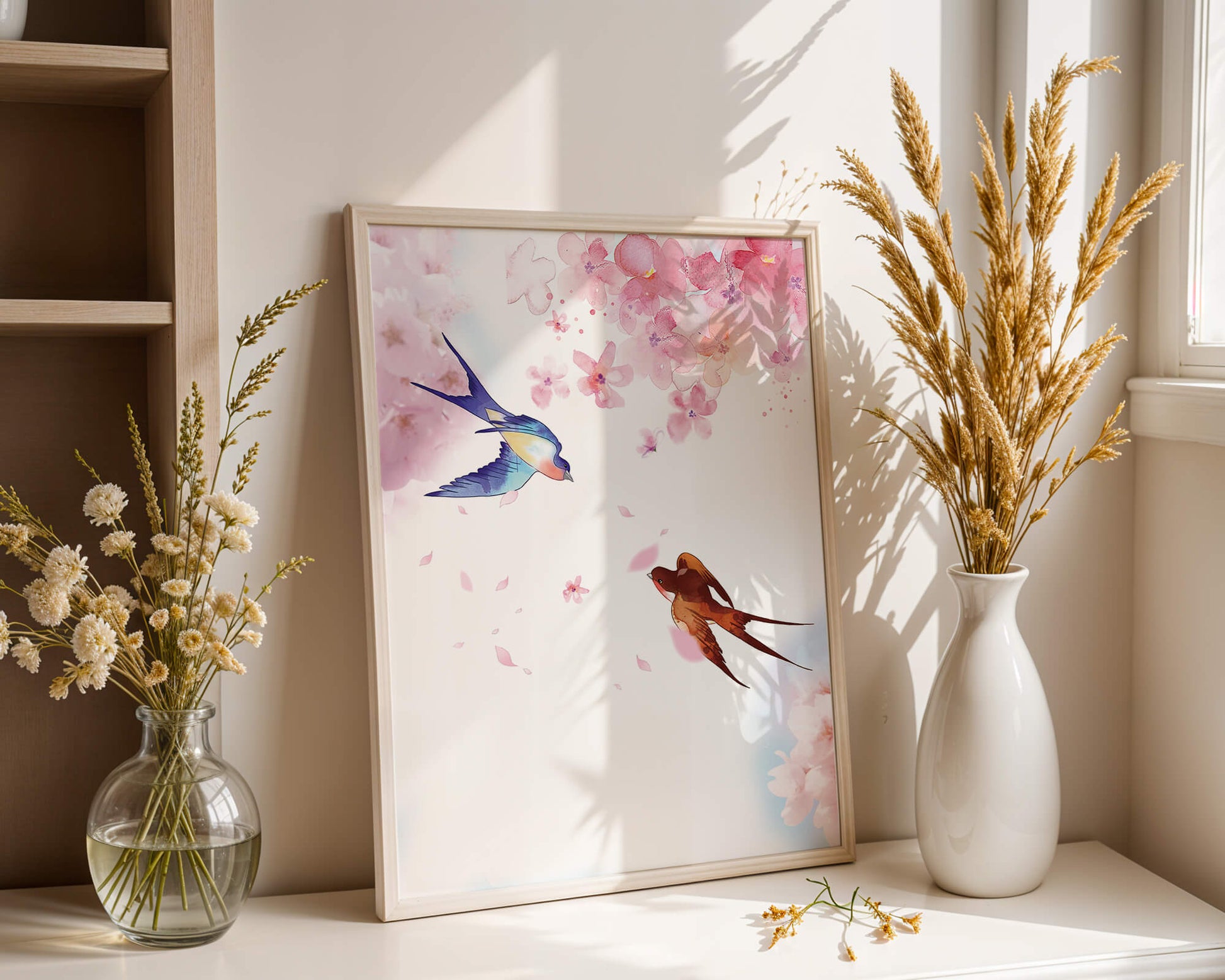 Pájaros coloridos y flores rosas en una escena primaveral de acuarela
