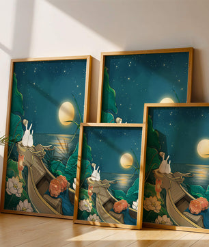 Ilustración serena de conejos contemplando una luna brillante sobre un lago tranquilo