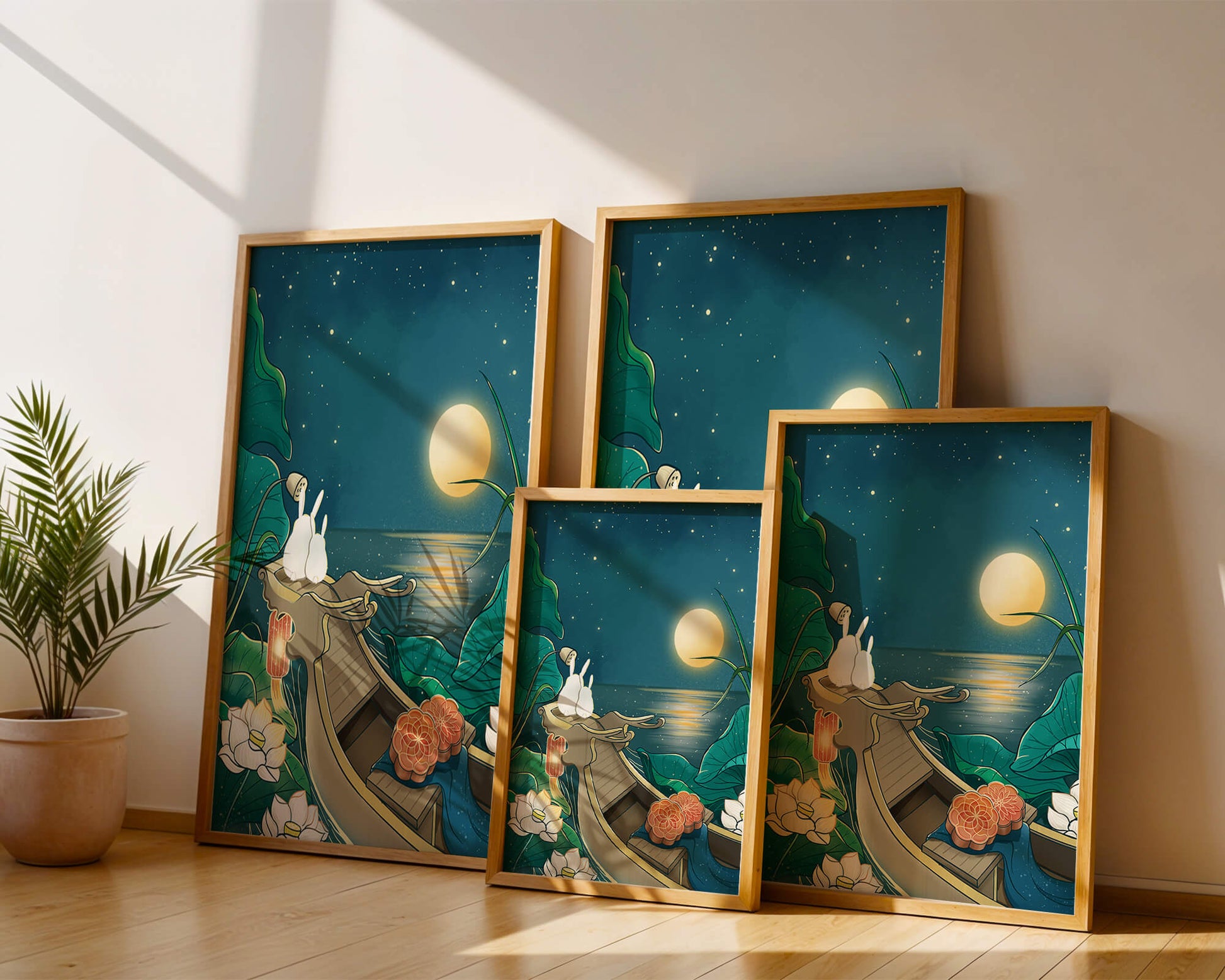 Serene illustration of rabbits gazing at a bright moon on a tranquil lake