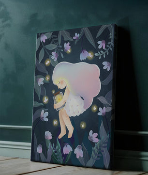 Illustration d'une fille avec un bocal lumineux dans un jardin au clair de lune