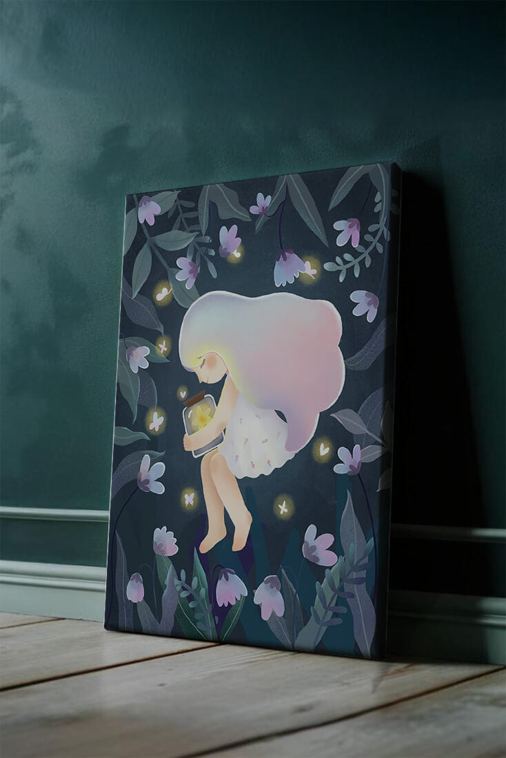Illustration of a girl with glowing jar in moonlit garden