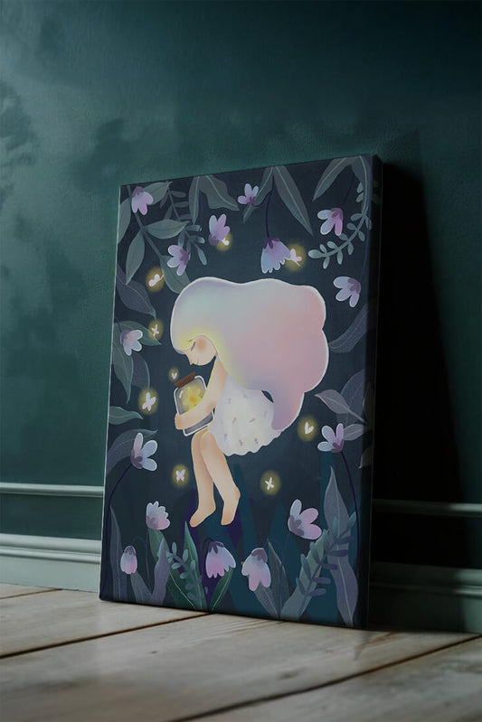 Illustration of a girl with glowing jar in moonlit garden