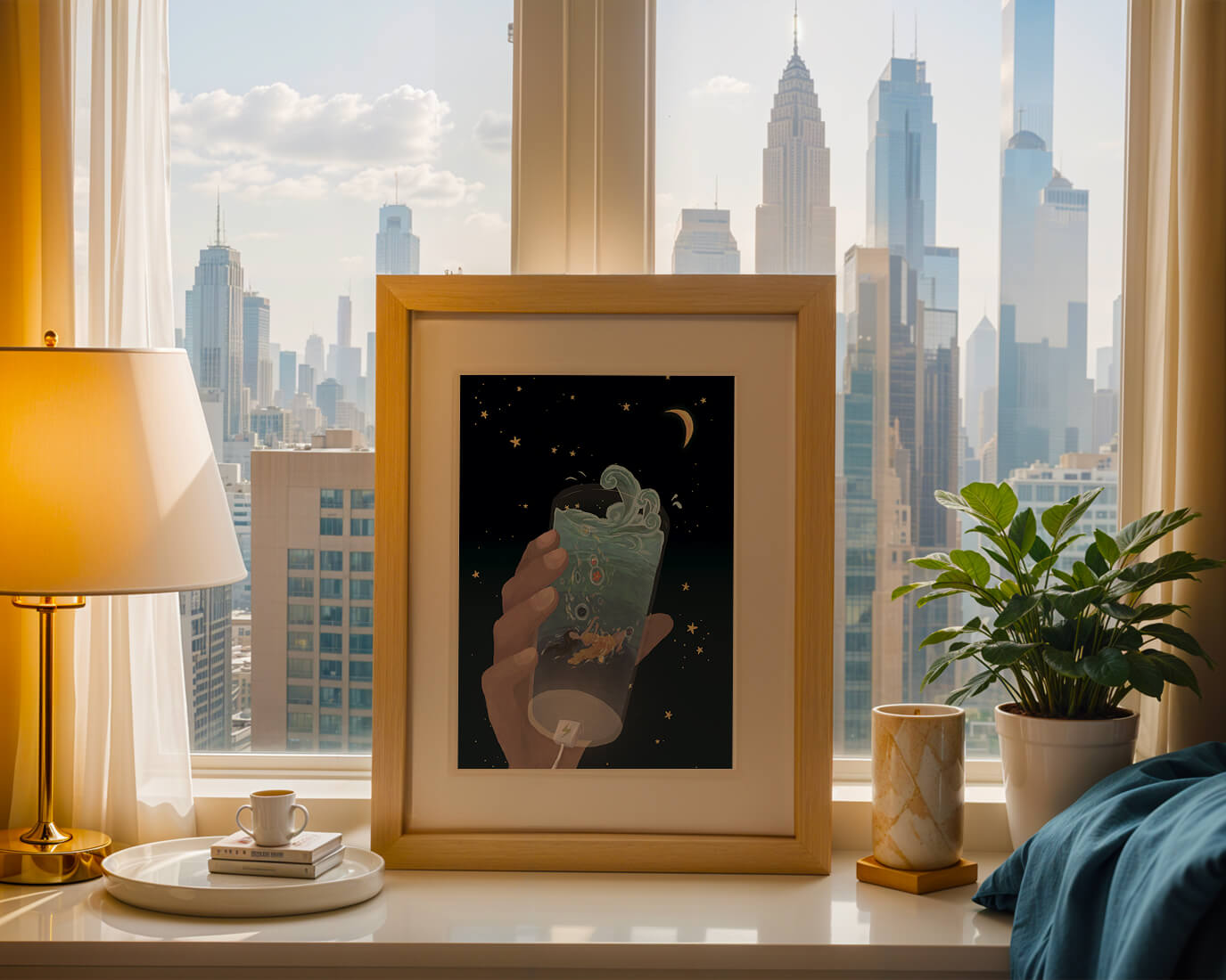 Abstract night sky scene with hand holding a glass of swirling water