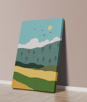 Minimalist Landscape with Hills and Sun
