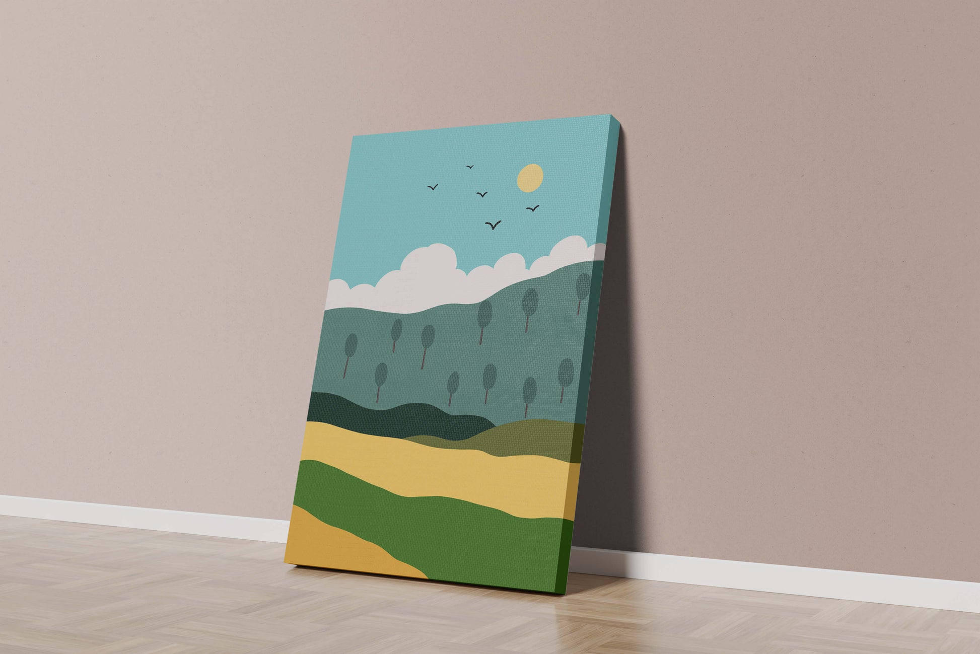 Minimalist Landscape with Hills and Sun