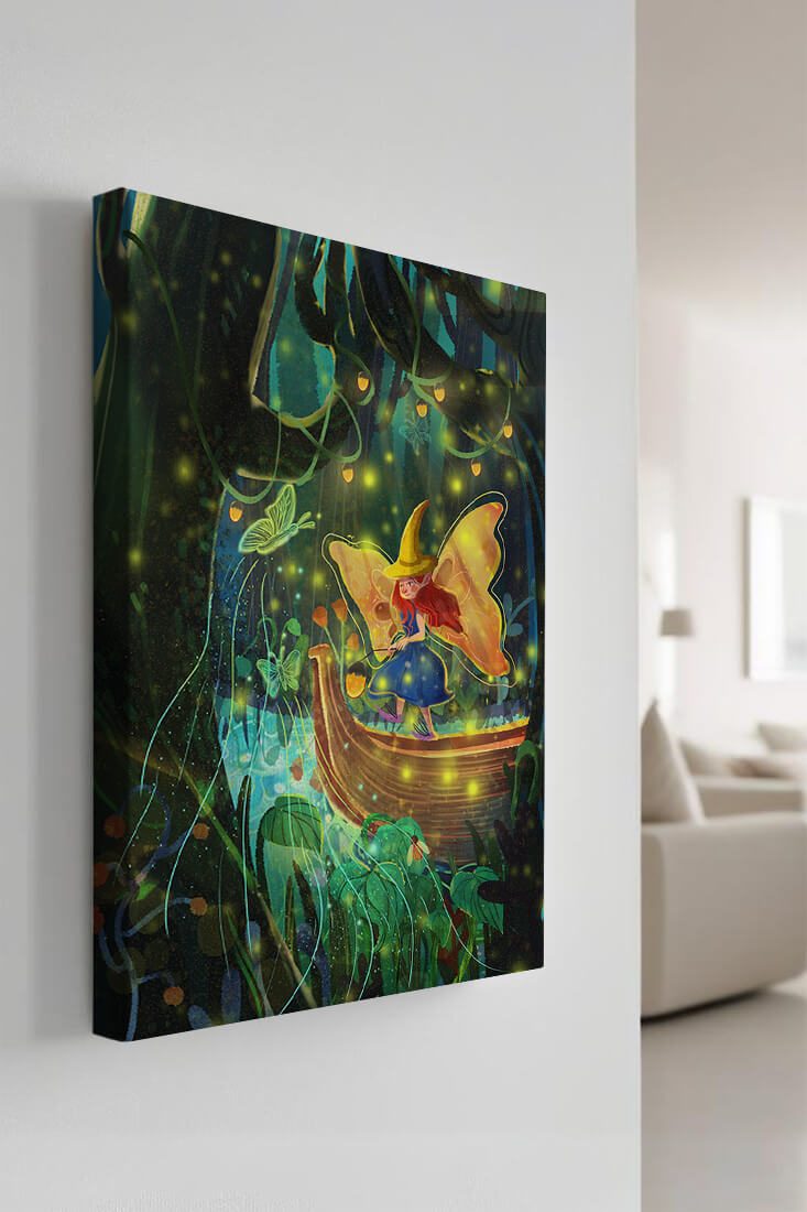 Fairy in an enchanted forest with glowing butterflies and lanterns
