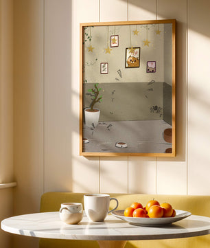 Habitación acogedora con decoraciones de estrellas y obra de arte de gatos