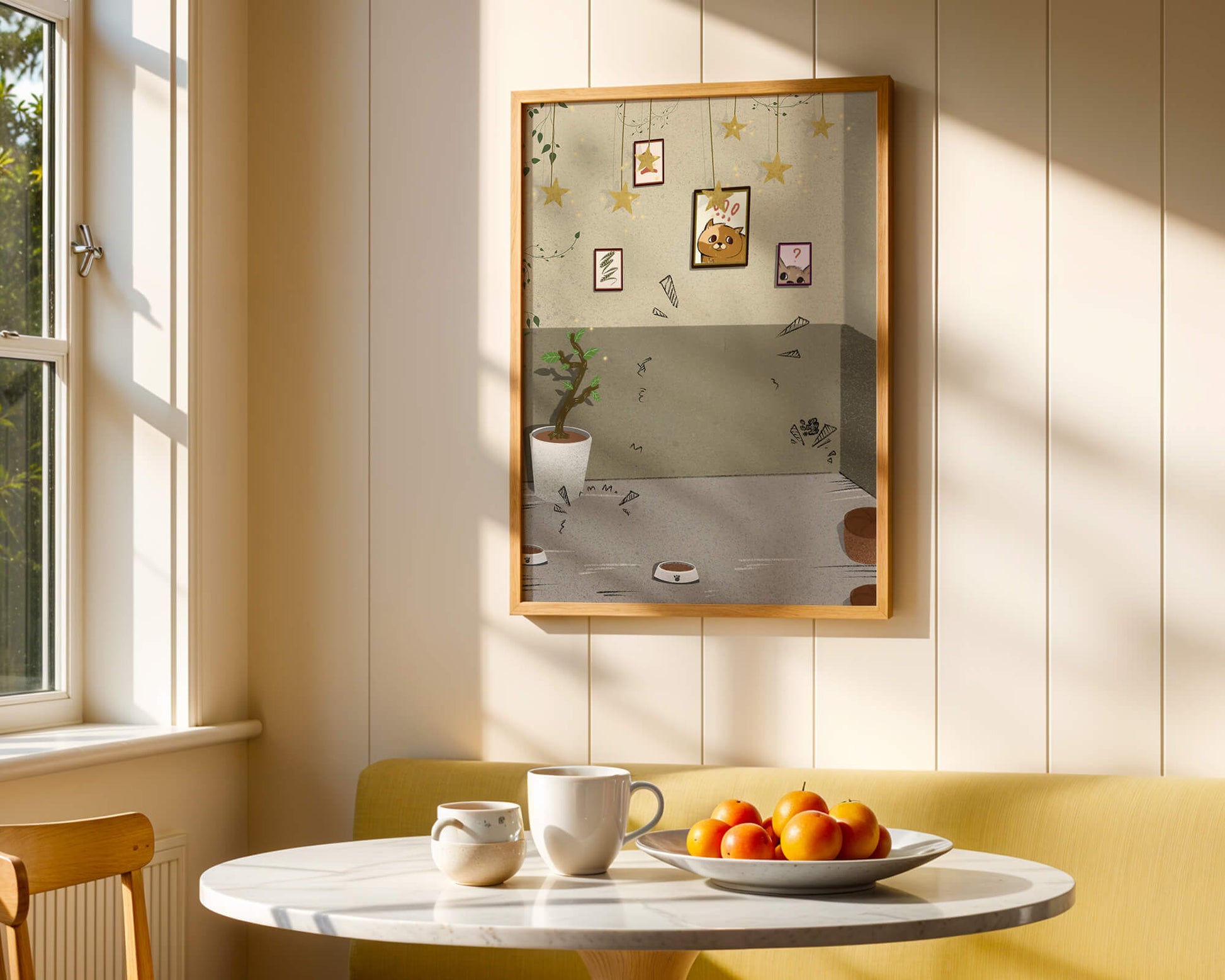 Cozy Room with Star Decorations and Cat Artwork