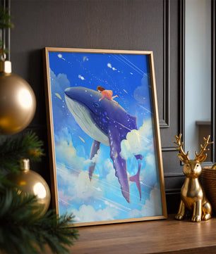 Illustration onirique d'une fille chevauchant une baleine à travers le ciel