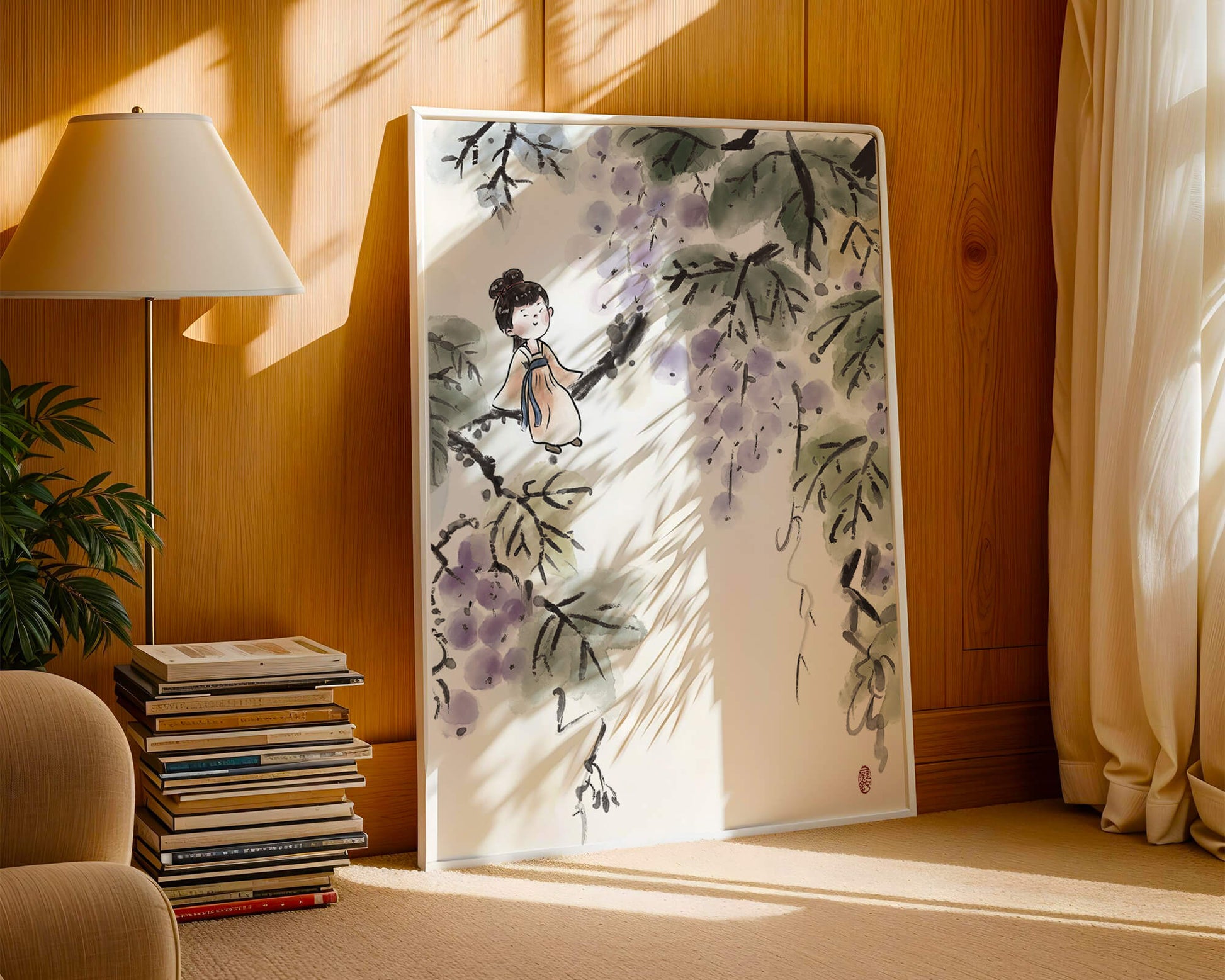 Una chica caprichosa sentada en una rama con bayas moradas y hojas verdes en estilo acuarela