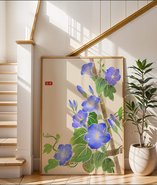 Obra floral delicada con glorias matutinas azules vibrantes