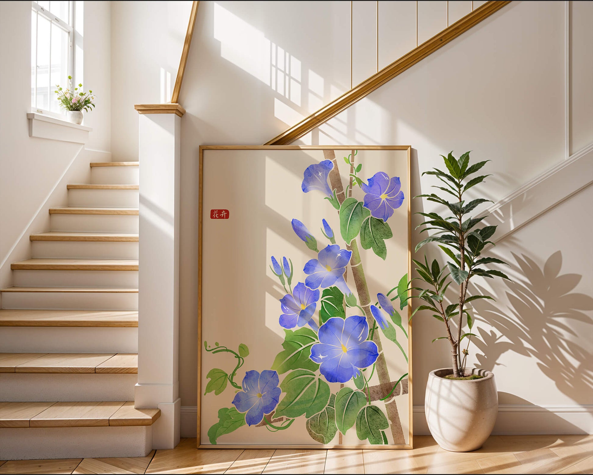 Obra floral delicada con glorias matutinas azules vibrantes