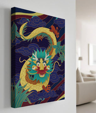Illustration de dragon coloré avec des nuages ​​et des éléments de feuillage