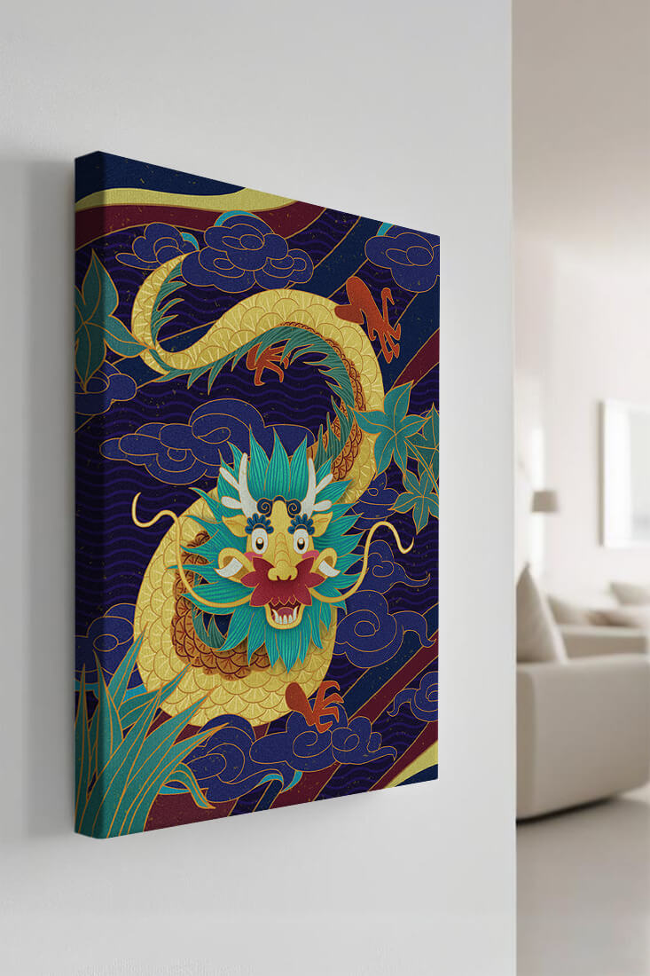 Illustration de dragon coloré avec des nuages ​​et des éléments de feuillage