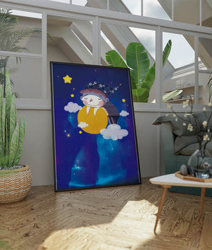 Scène nocturne onirique avec un enfant étreignant la lune