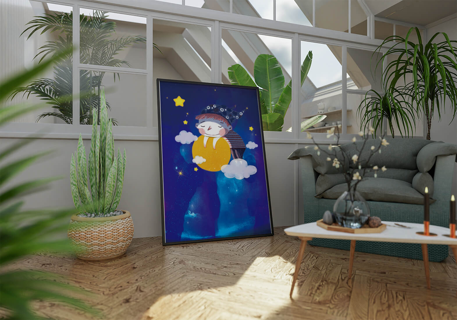 Dreamy Nighttime Scene with a Child Hugging the Moon