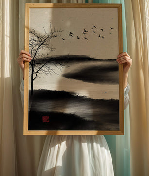 Minimalist Landscape with Silhouetted Tree and Birds