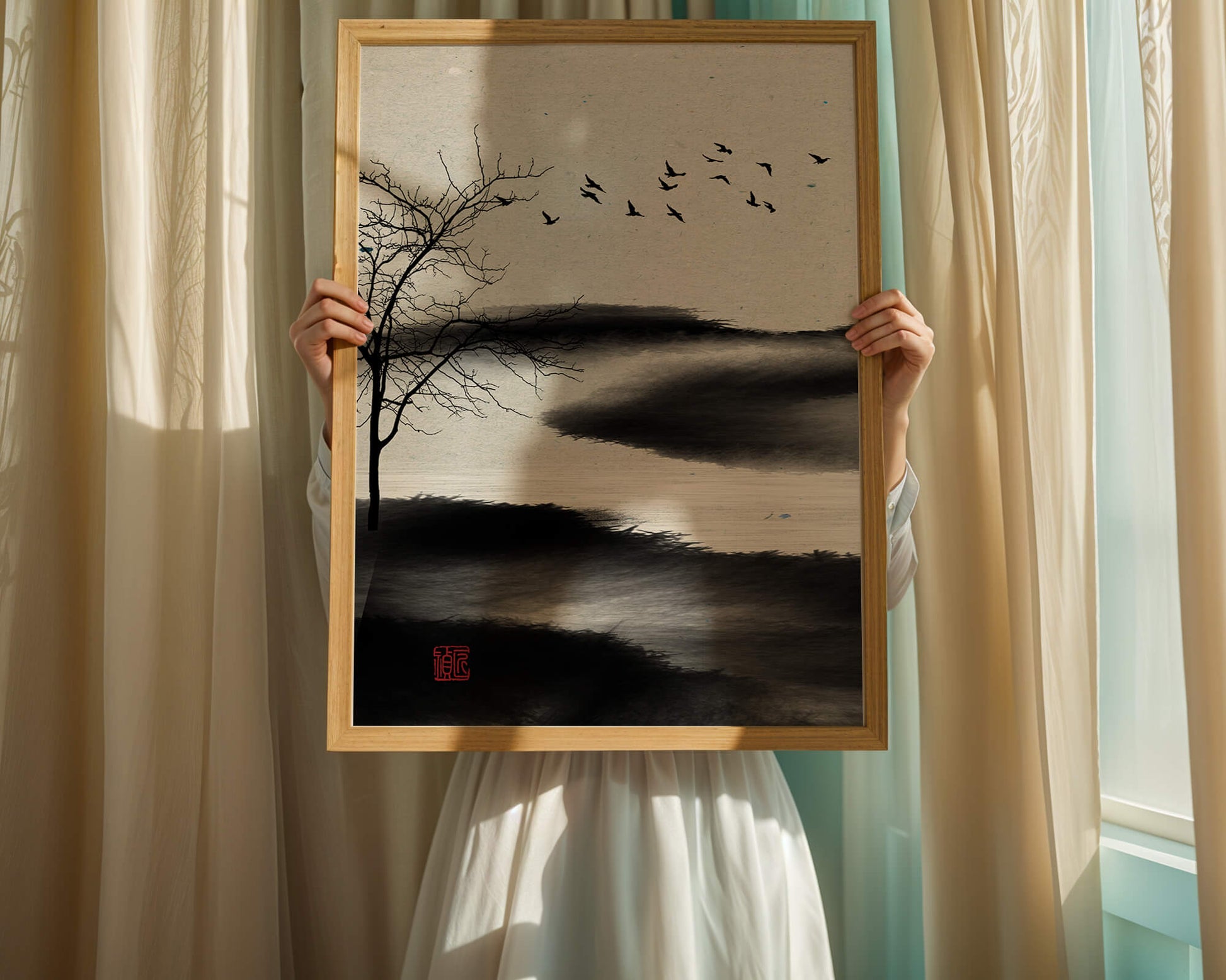 Paisaje minimalista con siluetas de árboles y pájaros