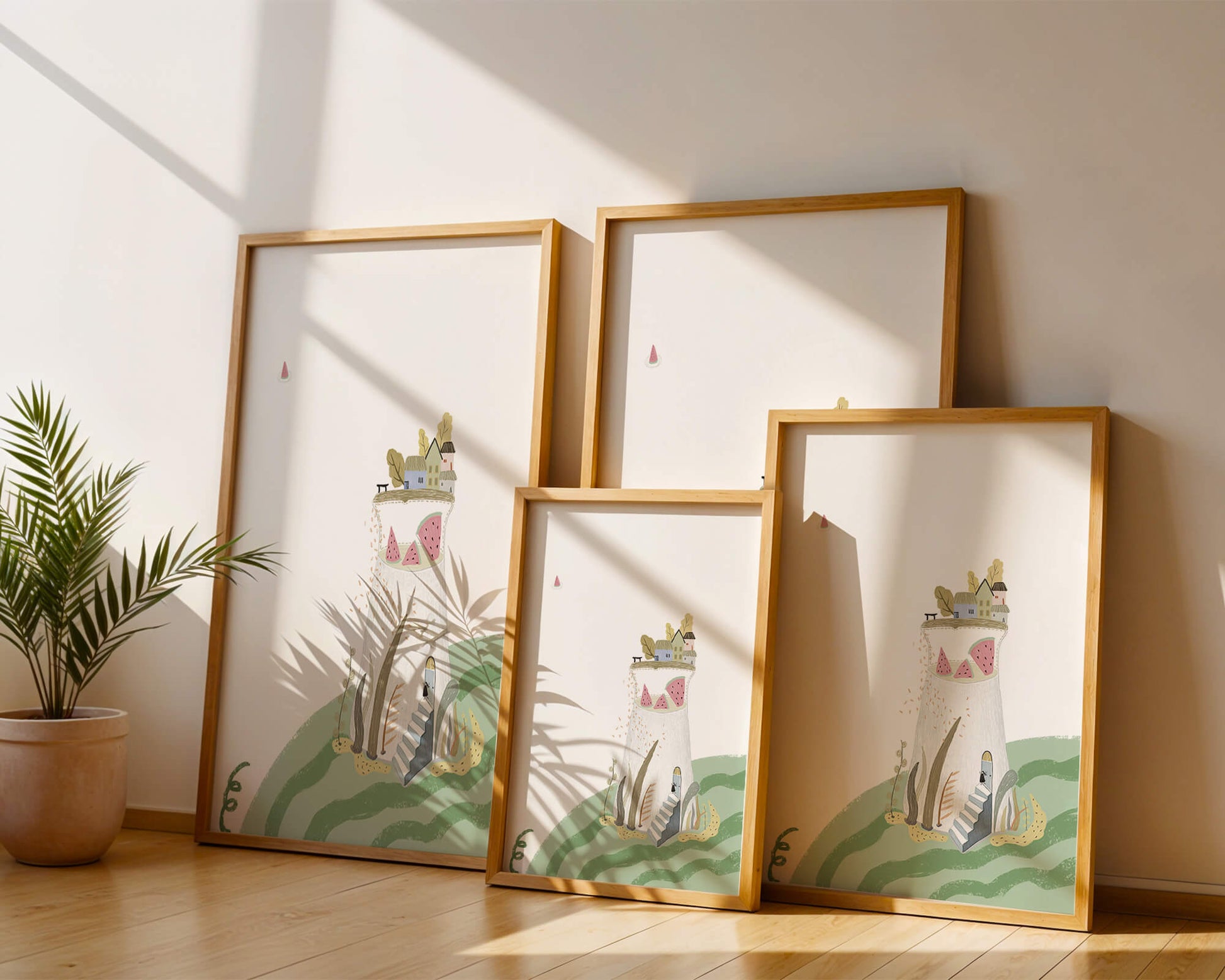 Whimsical Landscape with Fantasy Village and Watermelon Elements