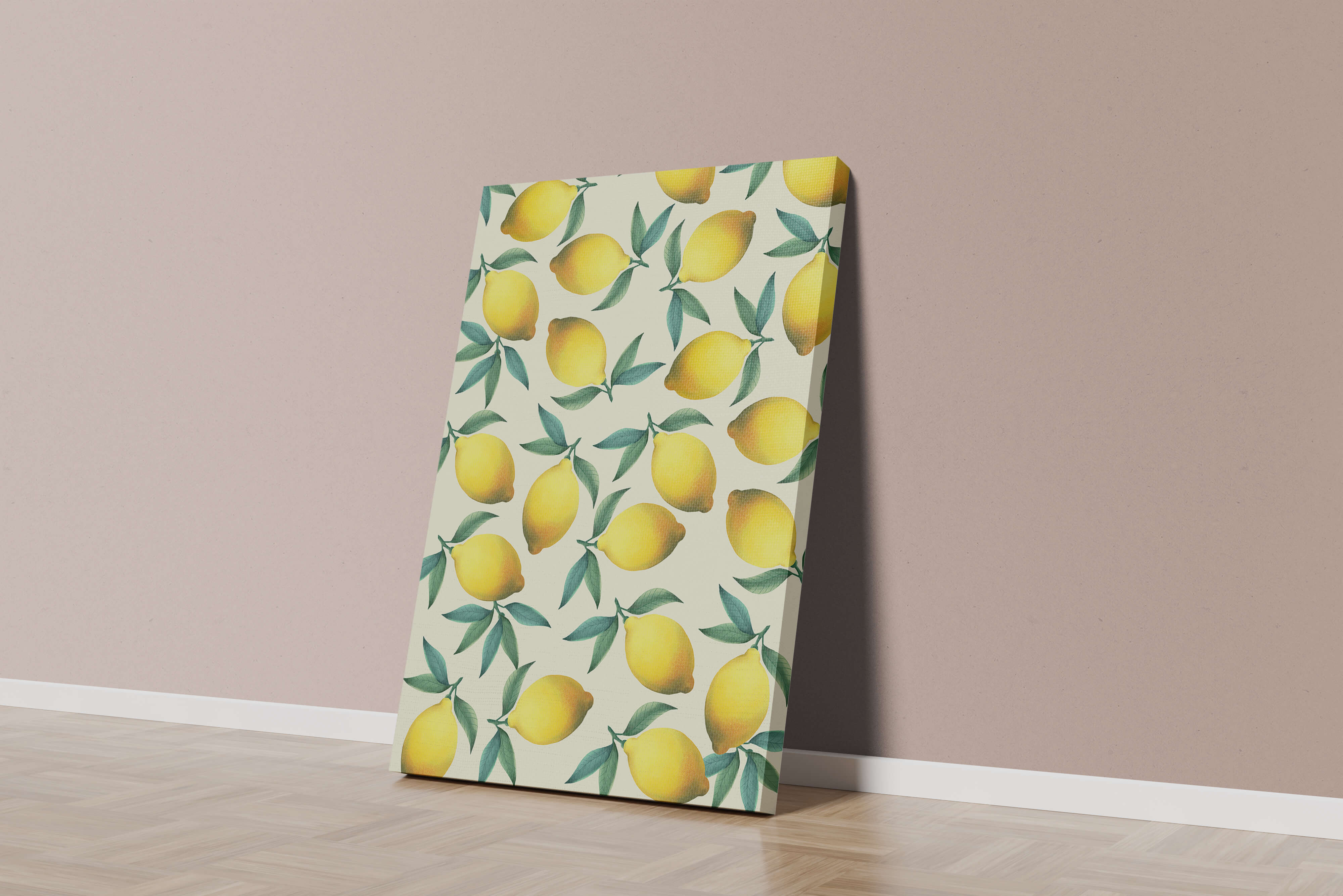 Vibrant lemon pattern with green leaves on a light background