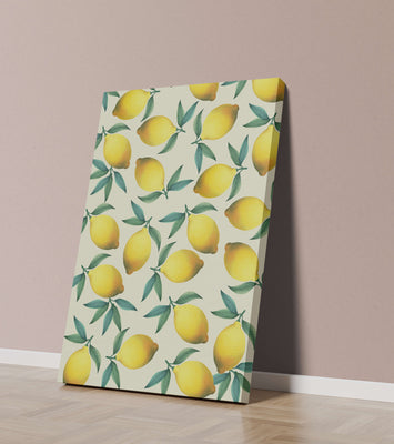 Vibrant lemon pattern with green leaves on a light background