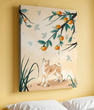 Illustration of a dog gazing at fruit-laden tree branches in nature