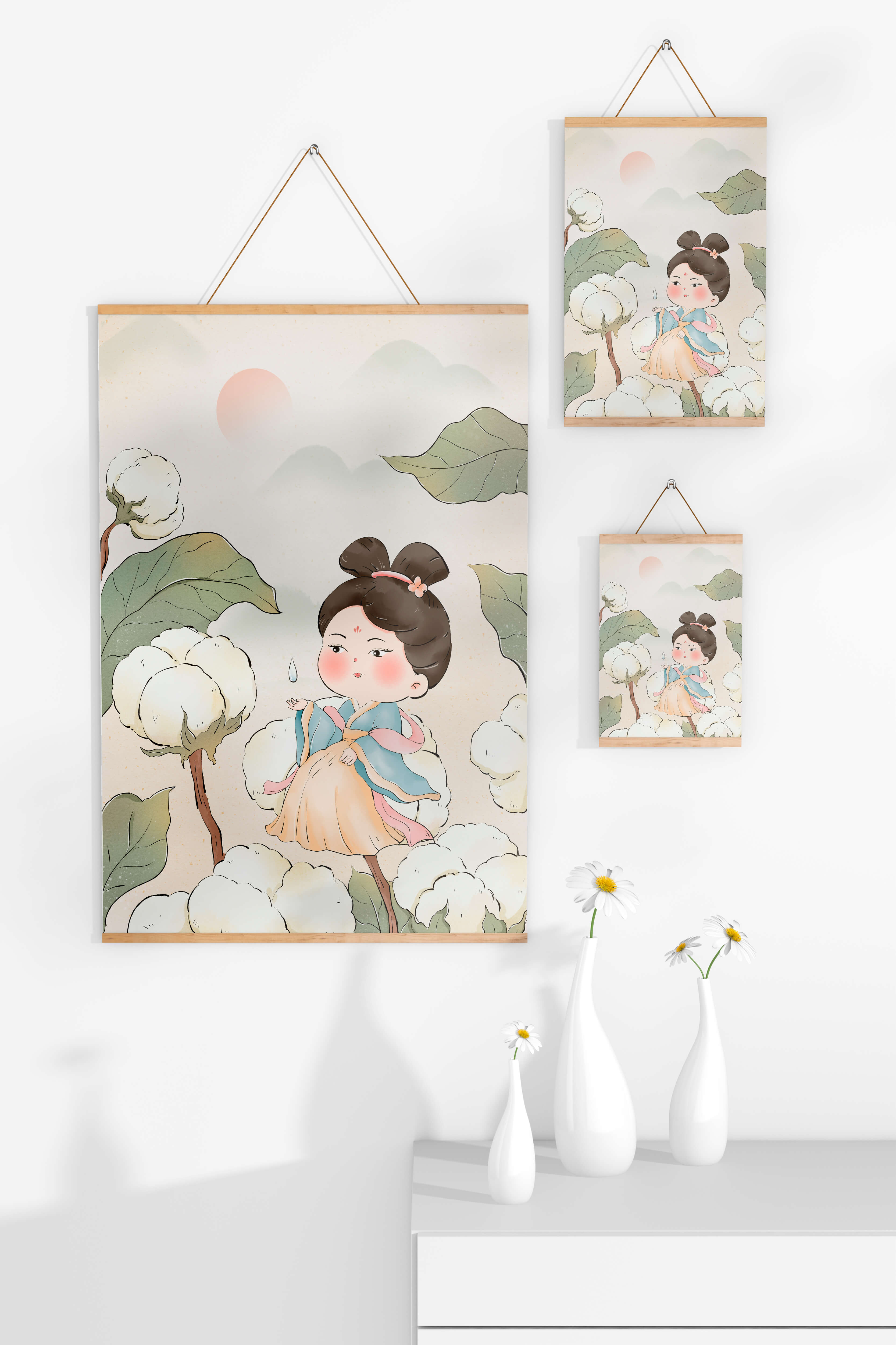 Elegant illustration of a young girl in traditional attire amid cotton plants