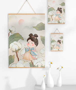 Illustration élégante d'une jeune fille en tenue traditionnelle au milieu de plants de coton