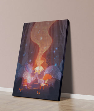 Magical forest scene with lantern and glowing hair